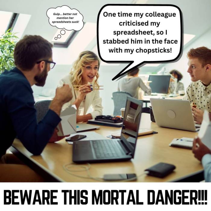 A woman discussing violent chopstick behaviour at work, indicating chopsticks are dangerous to use