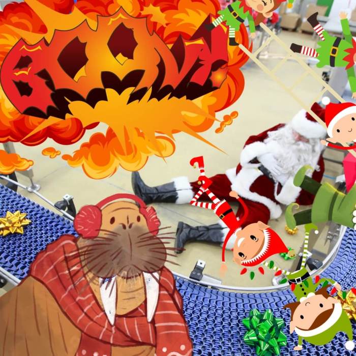 Kenneth the Walrus causing mayhem at Santa's factory