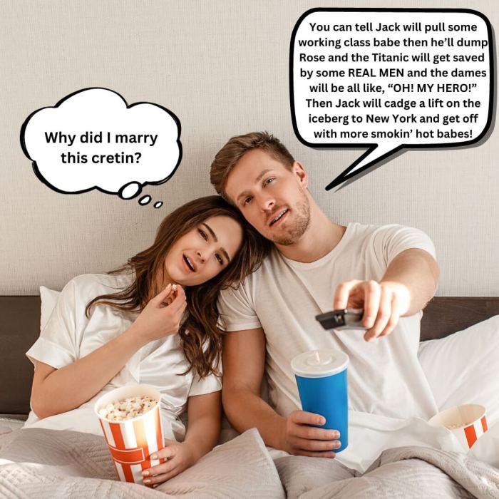 A husband mansplaining a movie in bed to his wife