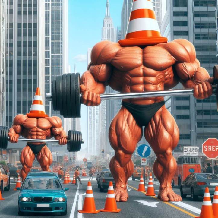 A weightlifter with a traffic cone on his head lifting