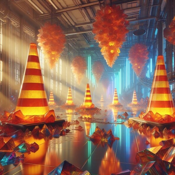 Another set of giant traffic cones in a room