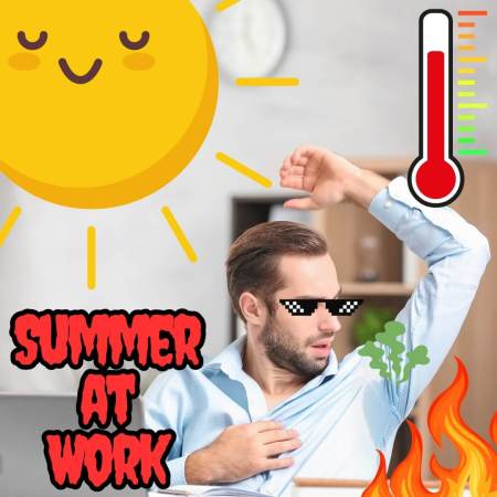 A male employee sweating while working in a very hot office during the summer