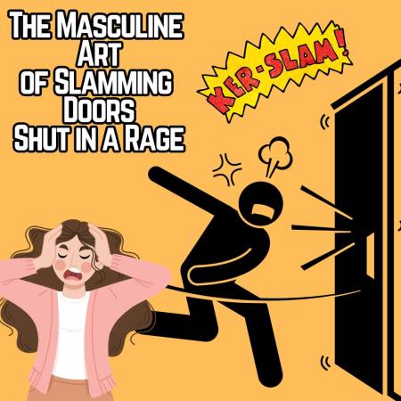 An angry husband slamming a door shut as his wife tries to block out the noise