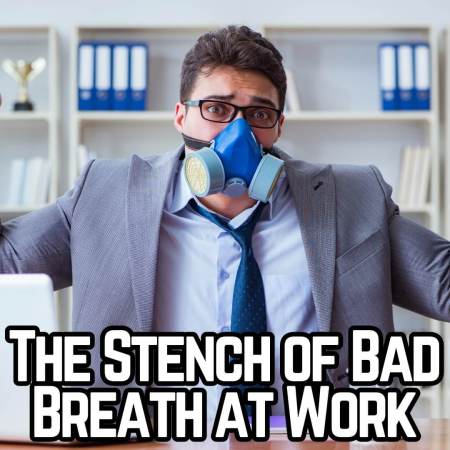 Bad breath at work with an employee wearing a face mask