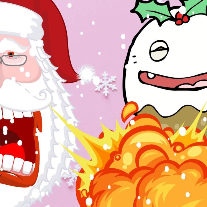 Santa Claus terrified with an explosion and a scary Christmas pudding behind him