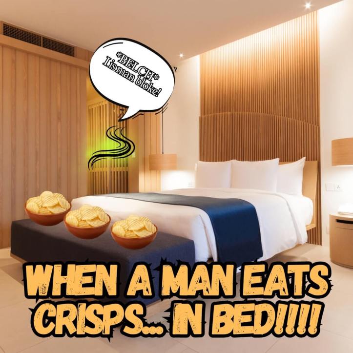Crisps lined up on a bed for a man to eat