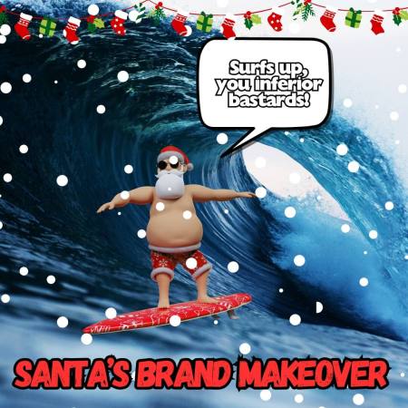 Santa surfing a wave and being profane