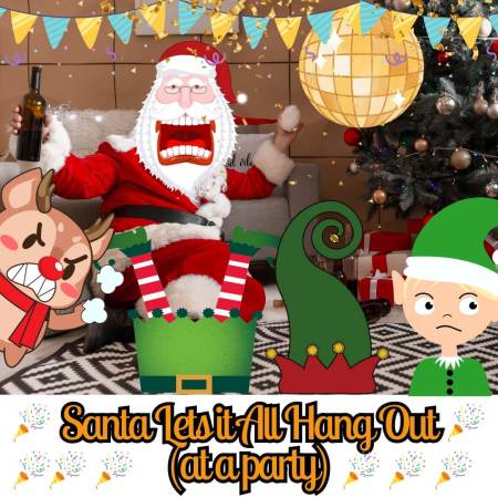 Santa Claus having a party and letting it all hang out