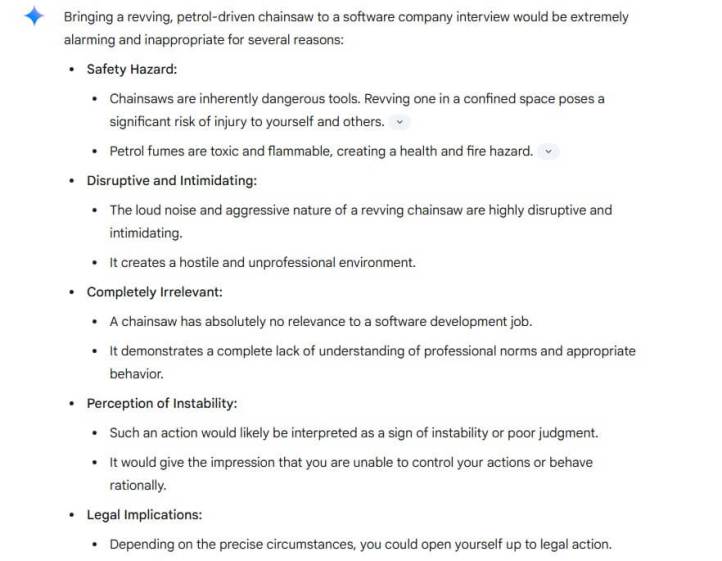 AI response to a chainsaw revving in a job interview