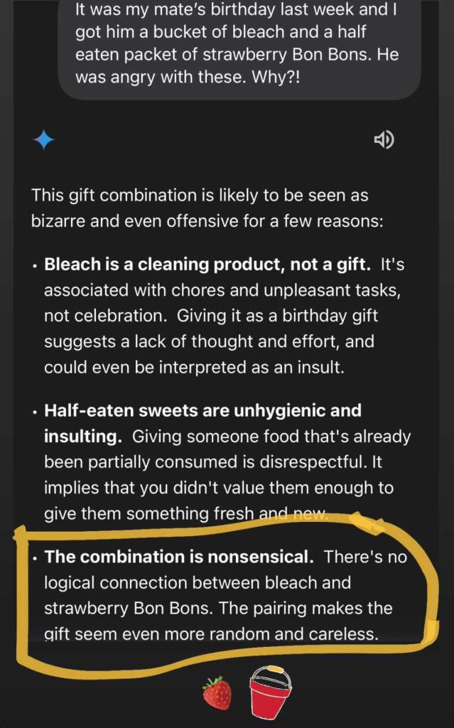 Gemini prompt about bleach and strawberry bon bons