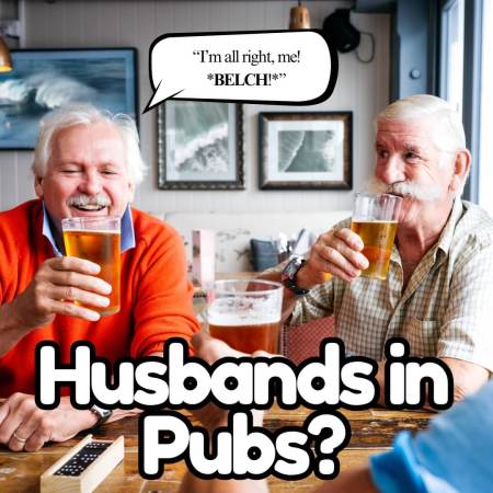 Husbands in a pub with pints of ale