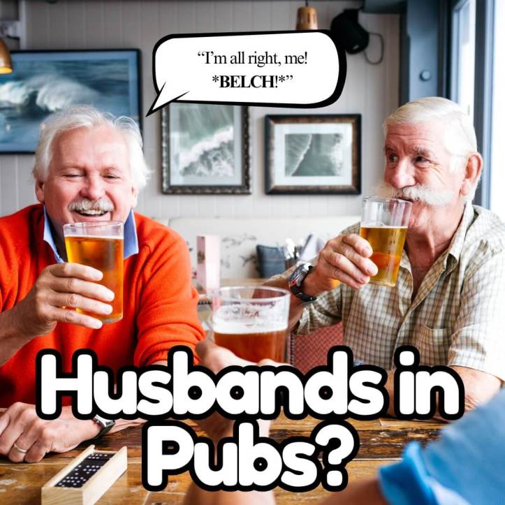 Husbands in a pub with pints of ale
