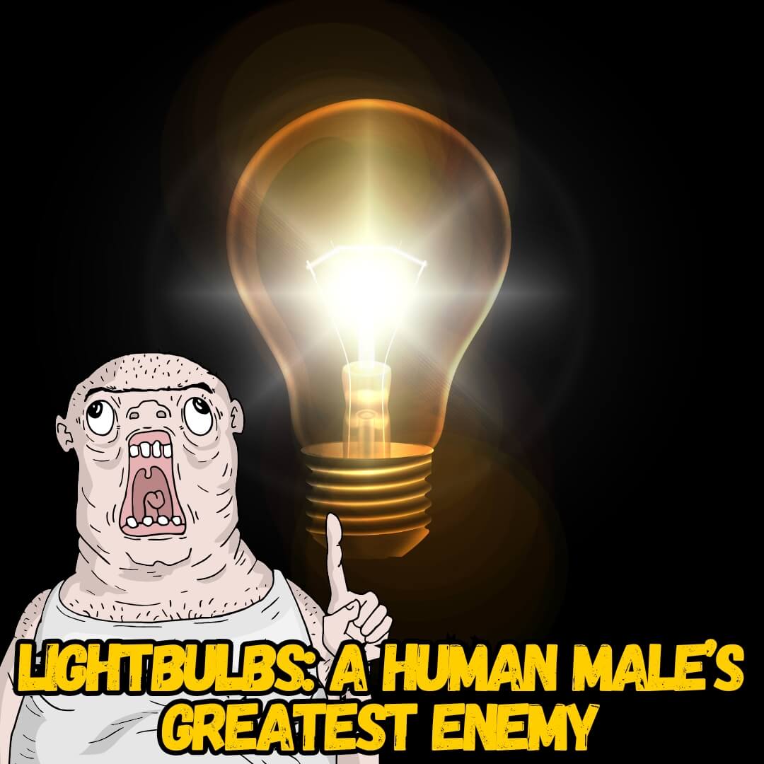 A bald human male afraid of a lightbulb