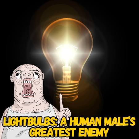 A bald human male afraid of a lightbulb