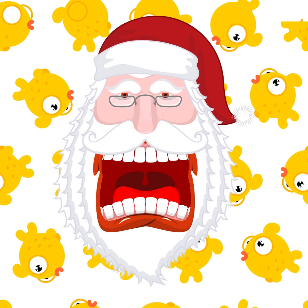 Santa Claus with goldfish in the background