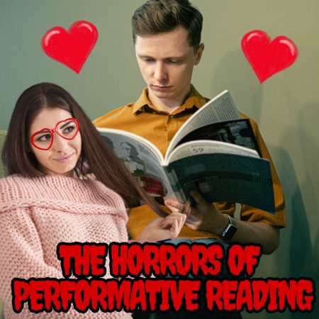 A man performative reading to try and impress a woman