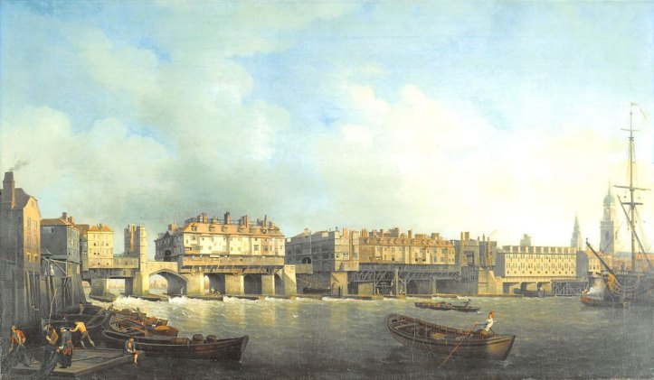 London Bridge in 1757 just before the removal of the houses by Samuel Scott