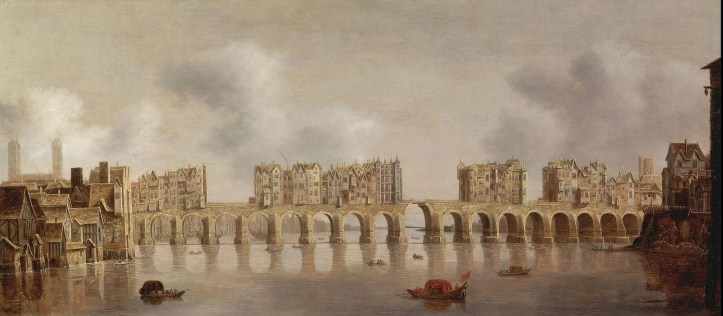 Old London Bridge on the 1632 oil painting View of London Bridge by Claude de Jongh