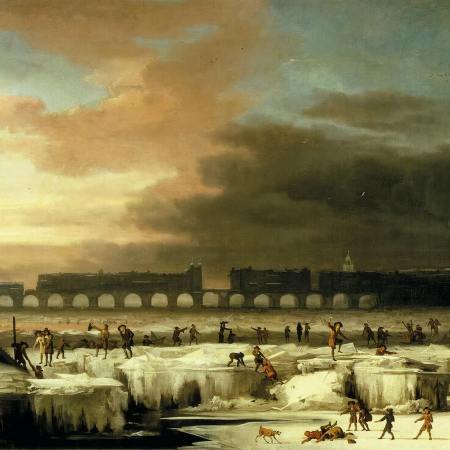 The Frozen Thames, 1677 by Abraham Hondius, depicting Old London Bridge in the background