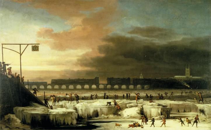 The Frozen Thames, 1677 by Abraham Hondius, depicting Old London Bridge in the background