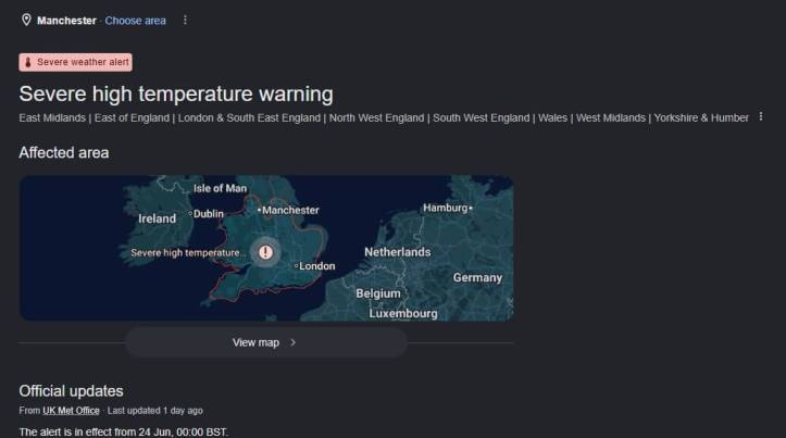 Google's severe high temperature warning